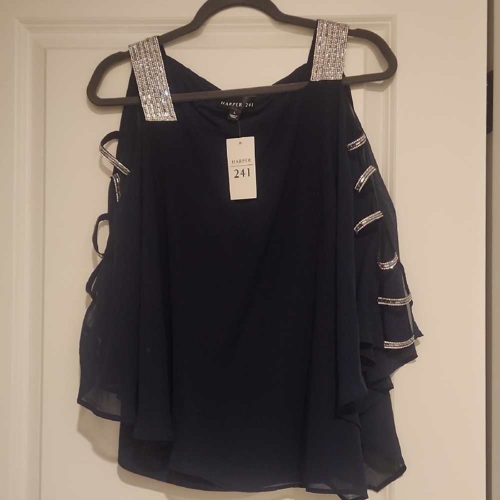 Harper 241 Black Chiffon  Rhinestone Beaded Embellished Blouse. Cutout Sleeves